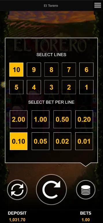 El Torero Bet-Menu mit Linien- und Einsatzeinstellungen