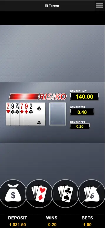 El Torero Card Gamble aktiv mit verdeckter Karte und Rot/Schwarz-Auswahl