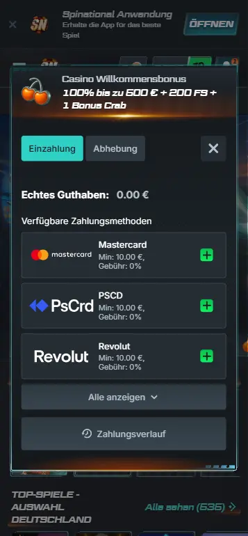 Einzahlungsscreen im Casino mit EUR-Zahlungsoptionen